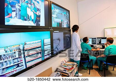 Stock Image - Surgery preparation screens, Interventional Neuroradiology, Radiology Department, Donostia Hospital, San Sebastian, Donostia, Gipuzkoa, Basque Country, Spain. Fotosearch