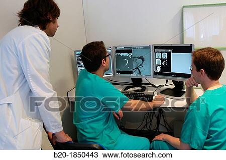 Stock Image - Surgery preparation screens, Interventional Neuroradiology, Radiology Department, Donostia Hospital, San Sebastian, Donostia, Gipuzkoa, Basque Country, Spain. Fotosearch