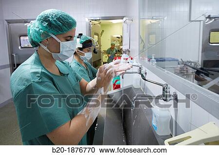 Stock Image - Surgical Scrub, Handwashing, Operating Room, Surgery, Hospital Donostia, San Sebastian, Gipuzkoa, Basque Country, Spain. Fotosearch