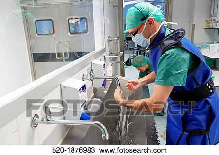 Stock Image - Surgical Scrub, Handwashing, Operating Room, Surgery, Hospital Donostia, San Sebastian, Gipuzkoa, Basque Country, Spain. Fotosearch