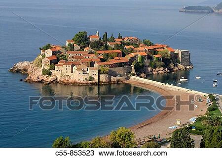 Stock Image - Sveti Stefan Peninsula, hotel complex, Adriatic coast, Monte. Fotosearch
