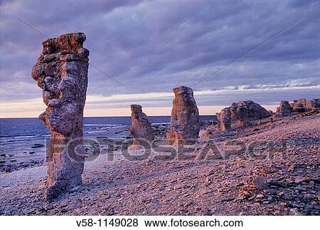 Sweden, Gotland, Faro Island, Raukar Limestone formations View Large Photo Image Stock Photo - Sweden, Gotland, Faro Island, Raukar Limestone formations. Fotosearch