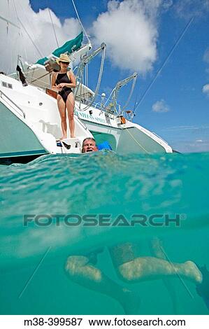 Stock Photo - Swimming behind a catamaran. Antigua. Fotosearch