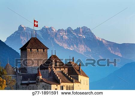 Stock Image - Switzerland. Canton Vaud. Lake of Geneva Lake Leman. Montreux. The Castle of Chillon.. Fotosearch
