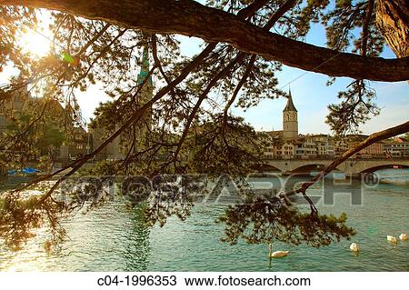 Switzerland, Zurich, Limmat river at sunset. View Large Photo Image Stock Image - Switzerland, Zurich, Limmat river at sunset.. Fotosearch