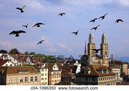 Stock Image - Switzerland, Zurich, panorama and cathedral.. Fotosearch