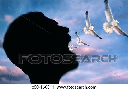 Symbols of freedom and flying come from man's mouth View Large Photo Image Stock Image - Symbols of freedom and flying come from man's mouth. Fotosearch