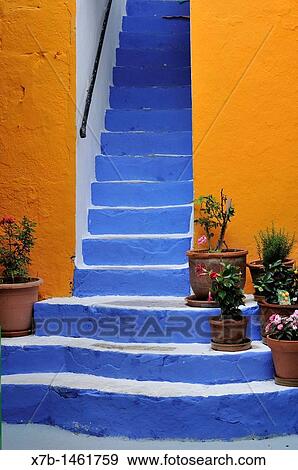 Symi Dodecanese Islands Greece Brightly coloured steps View Large Photo Image Stock Photo - Symi Dodecanese Islands Greece Brightly coloured steps. Fotosearch