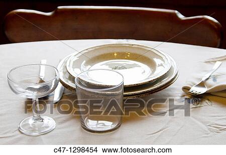 Table set with plates, cups, glasses, cover, tablecloth, spoons, forks and knives View Large Photo Image Picture - Table set with plates, cups, glasses, cover, tablecloth, spoons, forks and knives. Fotosearch