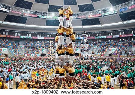 Stock Image - ? Tarragona, Spain, october 6 and 7 2012 Contest XXIV Castellers human towers The castellers are UNESCO World Heritage?. Fotosearch