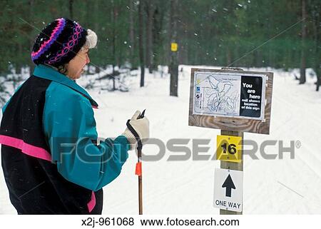 Tawas City, Michigan - Susan Newell stops to read a trail map while cross-country skiing on the Corsair ski trails View Large Photo Image Stock Photo - Tawas City, Michigan - Susan Newell stops to read a trail map while cross-country skiing on the Corsair ski trails. Fotosearch