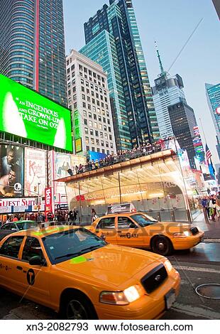 Stock Image - Taxi, Bleacher Seats, Times Square, Midtown, Manhattan, New York, New York City, United States, USA.. Fotosearch