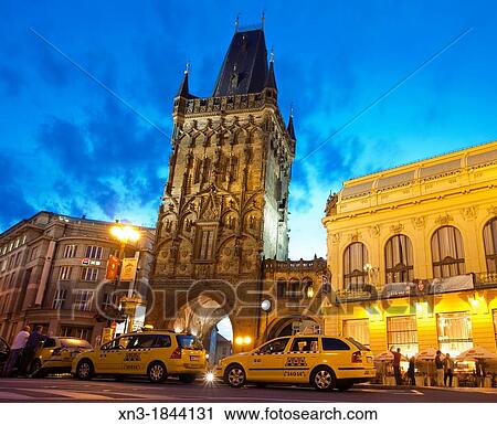 Stock Image - Taxi, Prasna brana the Powder Tower, Namesti Republiky, Republic Square, Prague, Czech Republic, Europe.. Fotosearch