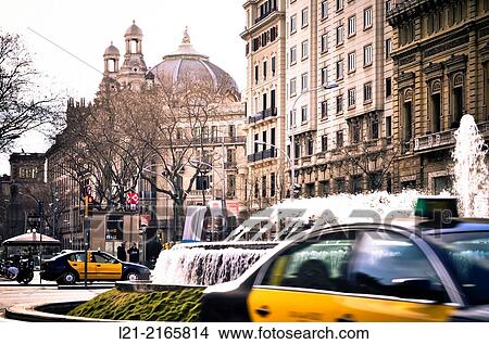 Taxis, fountain. Passeig de Gr? cia, Gran Via de les Corts Catalanes. Barcelona, Catalonia, Spain. View Large Photo Image Picture - Taxis, fountain. Passeig de Gr? cia, Gran Via de les Corts Catalanes. Barcelona, Catalonia, Spain.. Fotosearch
