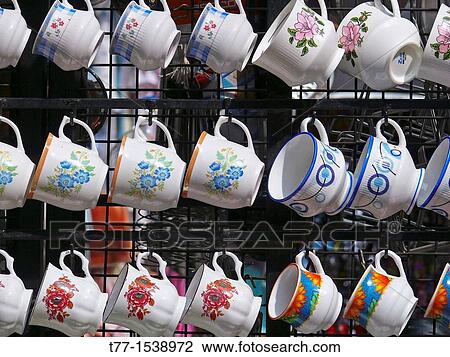 Stock Image - Teacups, Mugs are displayed at marketplace, Pune, Maharashtra, India. Fotosearch