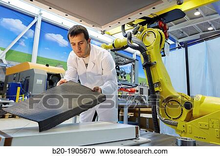 Stock Image - Tecnacomp Robotic cell manufacturing composite preforms Dry fiber preform manufacturing 3D Industry, Tecnalia Research & innovation, Technology and Research Centre, Miramon Technological Park, San Sebastian, Donostia, Gipuzkoa, Basque Country, Spain. Fotosearch