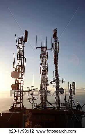 Stock Image - Telecommunication antennas, Mirador de la Concepci? n, Santa Cruz de La Palma, La Palma, Canary Island, Spain.. Fotosearch