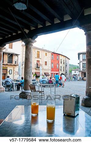 Picture - Terrace in Main Square. Covarrubias, Burgos province, Castilla Leon, Spain.. Fotosearch