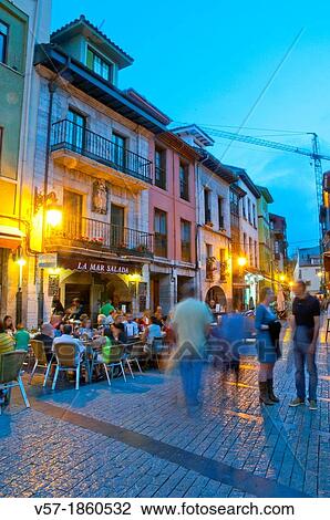 Terraces in the old town, night view. Ribadesella, Asturias province, Spain. View Large Photo Image Stock Image - Terraces in the old town, night view. Ribadesella, Asturias province, Spain.. Fotosearch