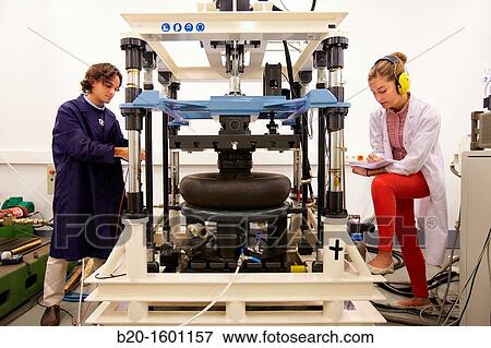 Stock Photo - Test machine of pneumatic ballons, Secondary suspension components for rail vehicles, Laboratory of Railways, Applied Mechanics, Tecnun, School of Engineering of San Sebastian, University of Navarra, Donostia, Gipuzkoa, Basque Country, Spain. Fotosearch