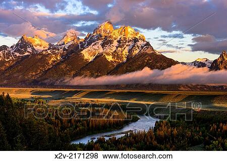 Teton Range from the Snake River Overlook in Grand Teton National Park at sunrise. View Large Photo Image Stock Photo - Teton Range from the Snake River Overlook in Grand Teton National Park at sunrise.. Fotosearch
