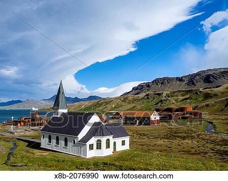 Stock Image - The abandoned whaling station at Grytviken (Pot Cove), South Georgia, Southern Ocean.. Fotosearch