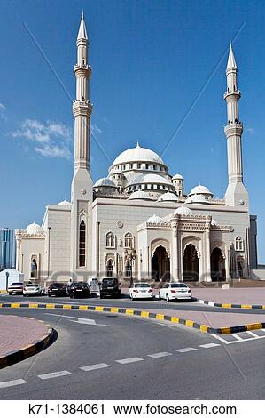 Stock Image - The Al Noor Mosque exterior in Sharjah, UAE. Fotosearch