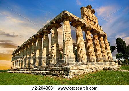 Stock Image - The ancient Doric Greek temple of Athena of Pastum built in about 500 BC. Paestum archaeological site, Italy.. Fotosearch