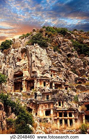 The ancient Lycian rock cut tombs town of Myra, Anatolia, Turkey. View Large Photo Image Stock Image - The ancient Lycian rock cut tombs town of Myra, Anatolia, Turkey.. Fotosearch