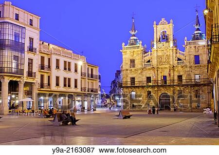 The Ayuntamiento, City Hall of Astorga by night, La Maragateria, Leon, Castilla y Leon, Spain. View Large Photo Image Stock Photo - The Ayuntamiento, City Hall of Astorga by night, La Maragateria, Leon, Castilla y Leon, Spain.. Fotosearch