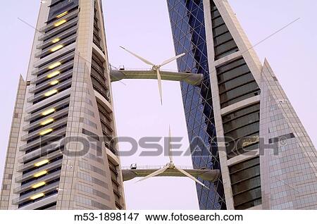 Stock Photo - the bahrain world trade center, the first skyscraper to integrate wind turbines into its design manama kingdom of bahrain. Fotosearch