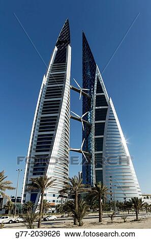 The Bahrain World Trade Center, the first skyscraper to integrate wind turbines into its design. Bahrain View Large Photo Image Stock Photograph - The Bahrain World Trade Center, the first skyscraper to integrate wind turbines into its design. Bahrain. Fotosearch