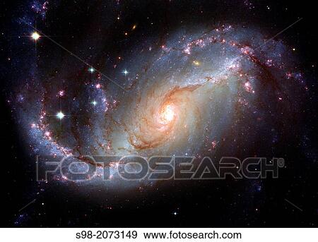 The barred spiral galaxy NGC 1672, showing up clusters of hot young blue stars along its spiral arms, and clouds of hydrogen gas glowing in red. Delicate curtains of dust partially obscure and redden the light of the stars behind them. View Large Photo Image Stock Photo - The barred spiral galaxy NGC 1672, showing up clusters of hot young blue stars along its spiral arms, and clouds of hydrogen gas glowing in red. Delicate curtains of dust partially obscure and redden the light of the stars behind them.. Fotosearch