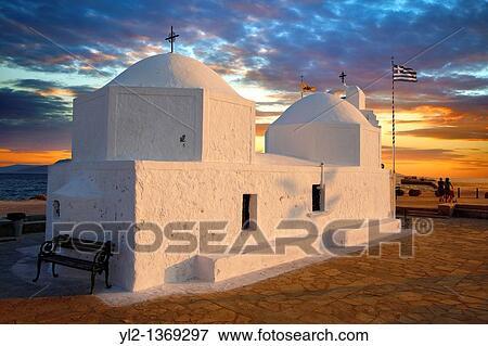 Stock Photo - The Byzantine church of Ayios Nikolaos Thalassinos, Aegina port, Saronic Islands, Greece. Fotosearch