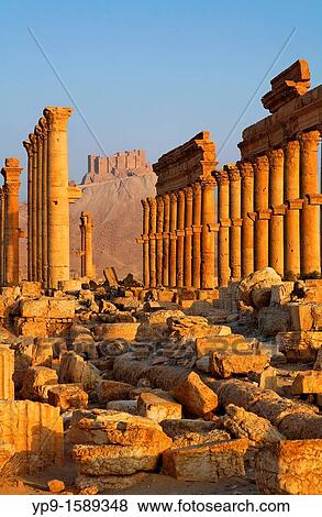 Stock Photo - The Colonnaded Street and the Arab Castle, Palmyra, Syria. Fotosearch