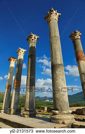 The Corintian columns of Capitoline Temple dedicated to the three chief divinities of the Roman state, Jupiter, Juno and Minerva. Volubilis Archaeological Site, near Meknes, Morocco. View Large Photo Image Stock Image - The Corintian columns of Capitoline Temple dedicated to the three chief divinities of the Roman state, Jupiter, Juno and Minerva. Volubilis Archaeological Site, near Meknes, Morocco.. Fotosearch