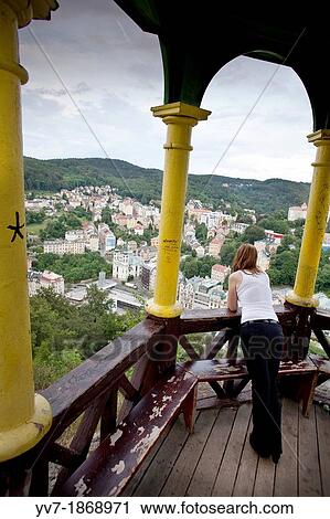 Stock Image - ? The deer jump? viewpoint, view of Karlovy Vary in its impressive location surrounded by lush nature Karlovy Vary, Bohemia, Czech Republic, Europe. Fotosearch