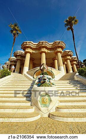 The Dragon Stairway, Parc G? ell, by Antoni Gaudi. Barcelona. Catalonia. Spain. View Large Photo Image Picture - The Dragon Stairway, Parc G? ell, by Antoni Gaudi. Barcelona. Catalonia. Spain.. Fotosearch