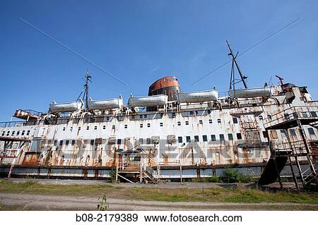 Stock Photo - The Duke of Lancaster is a railway steamer passenger ship that is currently beached at Mostyn Docks, North Wales, UK.. Fotosearch
