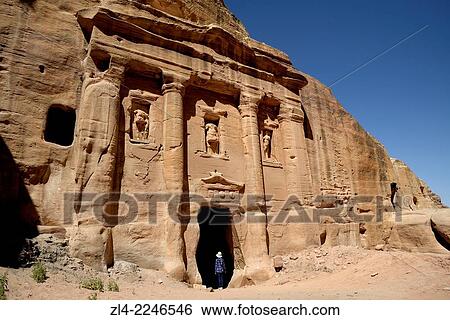 Stock Photograph - The fa? ade of the Roman Soldier's Tomb, carved out of a sandstone rock face. Jordan (Hashemite Kingdom of), Ma'an Governorate (Maan), ancient city of Petra. Model Released.. Fotosearch