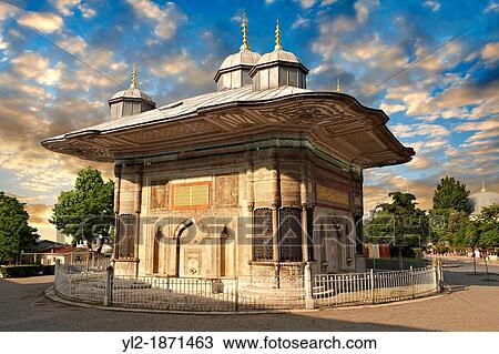 The Fountain of Sultan Ahmed III Turkish: III Ahmet? e mesi is a fountain in a Turkish rococo structure built in 1728 in the style of the Tulip period, located in the great square in front of the Imperial Gate of Topkap Palace in Istanbul, Turkey View Large Photo Image Stock Image - The Fountain of Sultan Ahmed III Turkish: III Ahmet? e mesi is a fountain in a Turkish rococo structure built in 1728 in the style of the Tulip period, located in the great square in front of the Imperial Gate of Topkap Palace in Istanbul, Turkey. Fotosearch