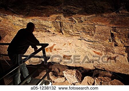 Stock Image - The frieze of the paintings Medium Paleolithic El Pendo cave Escobedo, Camargo Santander Cantabria Spain.. Fotosearch