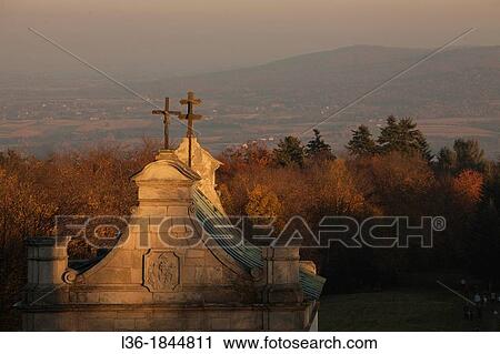 Stock Image - The gate of the Benedictine Monastery of the Holy Cross on Lysa Gora mountain in the Swietokrzyskie Mountains Poland. Fotosearch