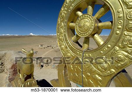 the Golden Dharma Wheel on the terrace of the chiu monastery chiu village shigatse prefecture Tibet China View Large Photo Image Stock Image - the Golden Dharma Wheel on the terrace of the chiu monastery chiu village shigatse prefecture Tibet China. Fotosearch