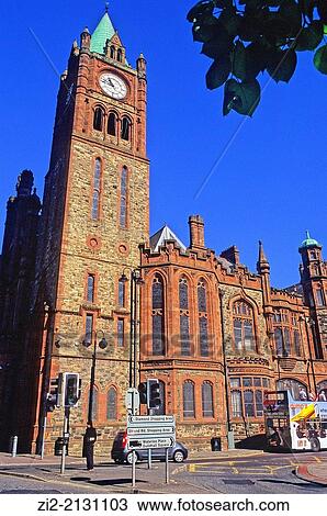 Stock Image - The Guildhall, seat of Derry City Council, Derry, Northern Ireland, United Kingdom. Fotosearch