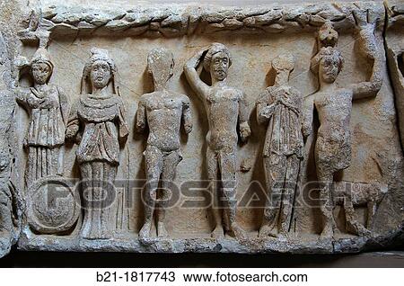Stock Image - The Hadrian temple frieze (3rd-4th century AD) at the Archeological Museum of Ephesus, Sel? uk, Turkey.. Fotosearch