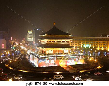 The historic bell tower in the center of the old city at night, Xian, China View Large Photo Image Stock Image - The historic bell tower in the center of the old city at night, Xian, China. Fotosearch