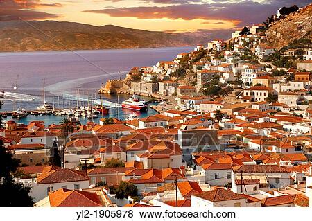 Stock Photo - The historic port of Hydra, Greek Saronic Islands. Fotosearch