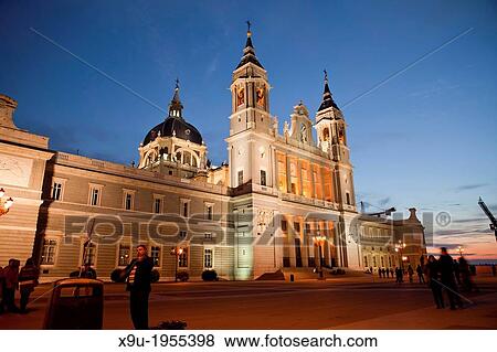 the illuminated Almudena Cathedral Santa Maria la Real de La Almudena in Madrid at night, Spain, Europe. View Large Photo Image Stock Photo - the illuminated Almudena Cathedral Santa Maria la Real de La Almudena in Madrid at night, Spain, Europe.. Fotosearch
