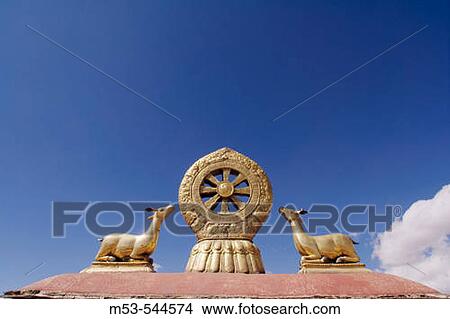 Picture - the law wheel on the roof of the jokhang temple. barkhor district. lhasa. lhasa prefecture. tibet. china. asia.. Fotosearch